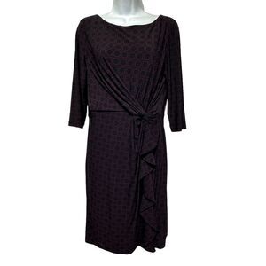 Lauren Ralph Lauren Black Burgundy Geometric Knot Ruffle Ruched Wiggle Dress